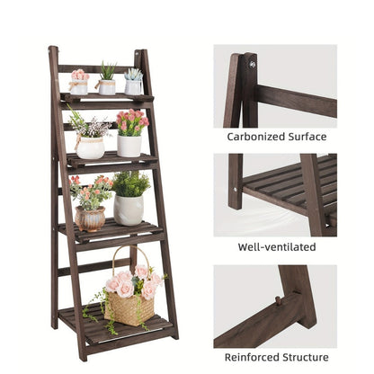 4-Tier Ladder Plant Stand Solid Wood Foldable, Paulownia Wood Display Shelf for Plants Garden Patio Balcony Living Room, Corner Shelf Storage Rack Bookshelf