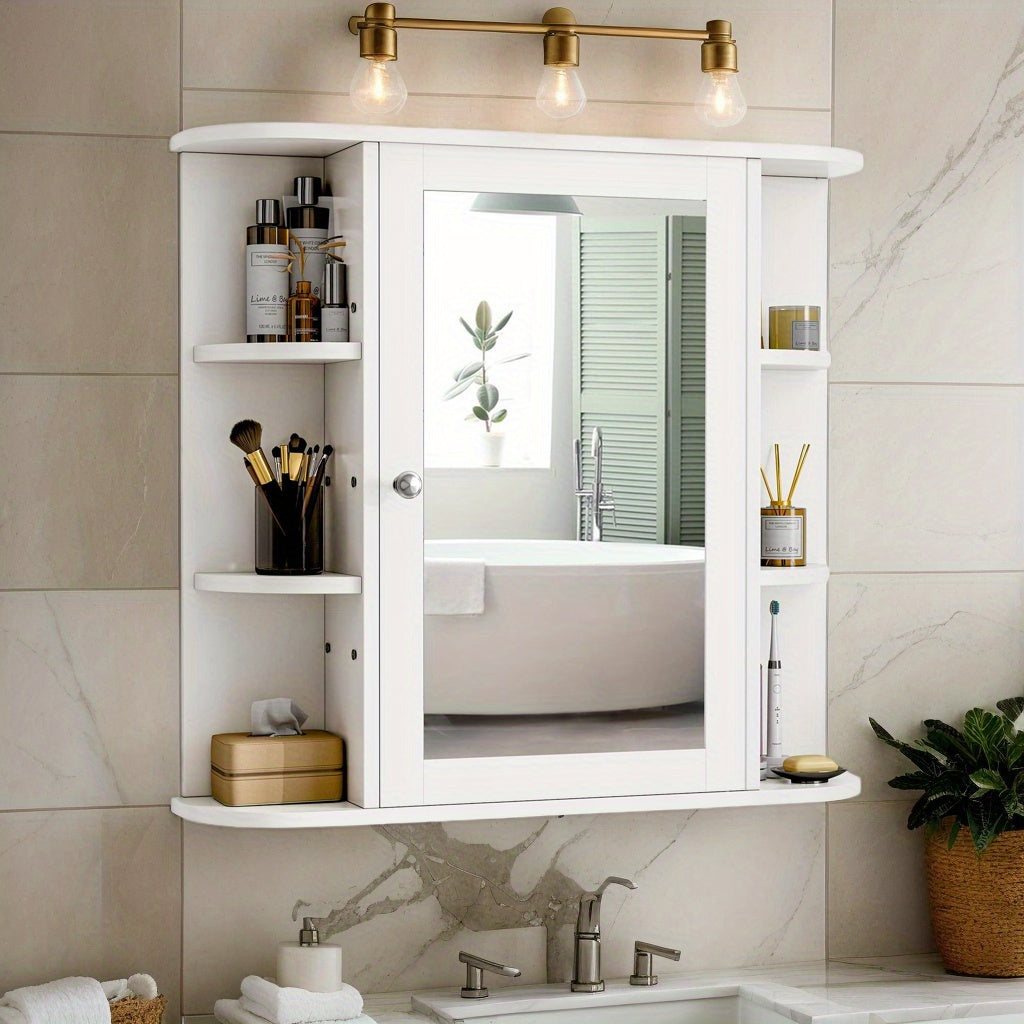 Bathroom Medicine Cabinet, Bathroom Mirror Cabinet Wall Mounted with 6 Side Open Shelves, White Wall Cabinet with Mirror, White