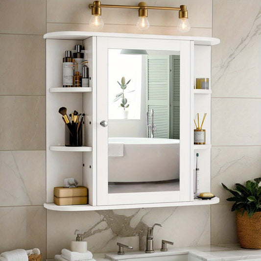 Bathroom Medicine Cabinet, Bathroom Mirror Cabinet Wall Mounted with 6 Side Open Shelves, White Wall Cabinet with Mirror, White