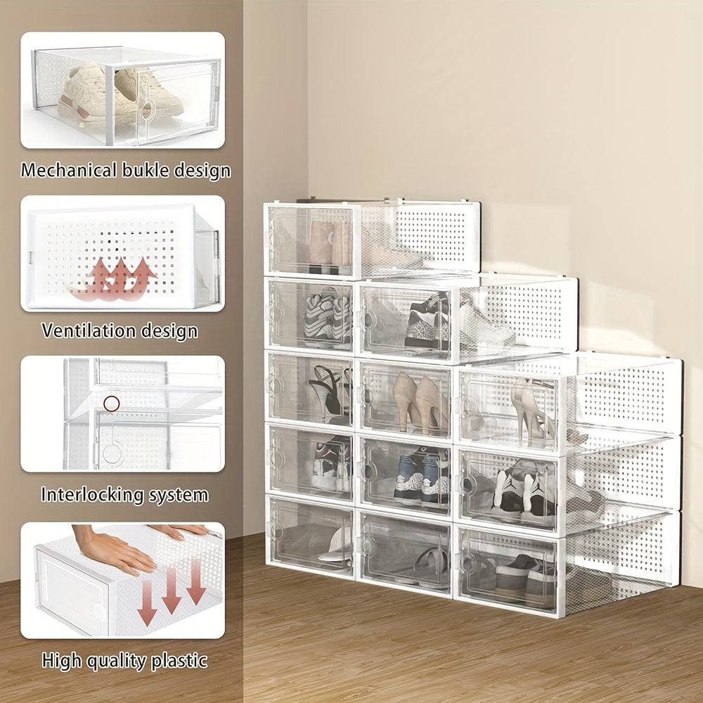 Shoe Organizer, 12/ 24Pack Clear Plastic Stackable Shoe Organizer For Closet, Interlocking Design Shoe Container For Sneakers, Collapsible Shoe Rack With Lid(Black, White, Gray)