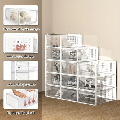 Shoe Organizer, 12/ 24Pack Clear Plastic Stackable Shoe Organizer For Closet, Interlocking Design Shoe Container For Sneakers, Collapsible Shoe Rack With Lid(Black, White, Gray)