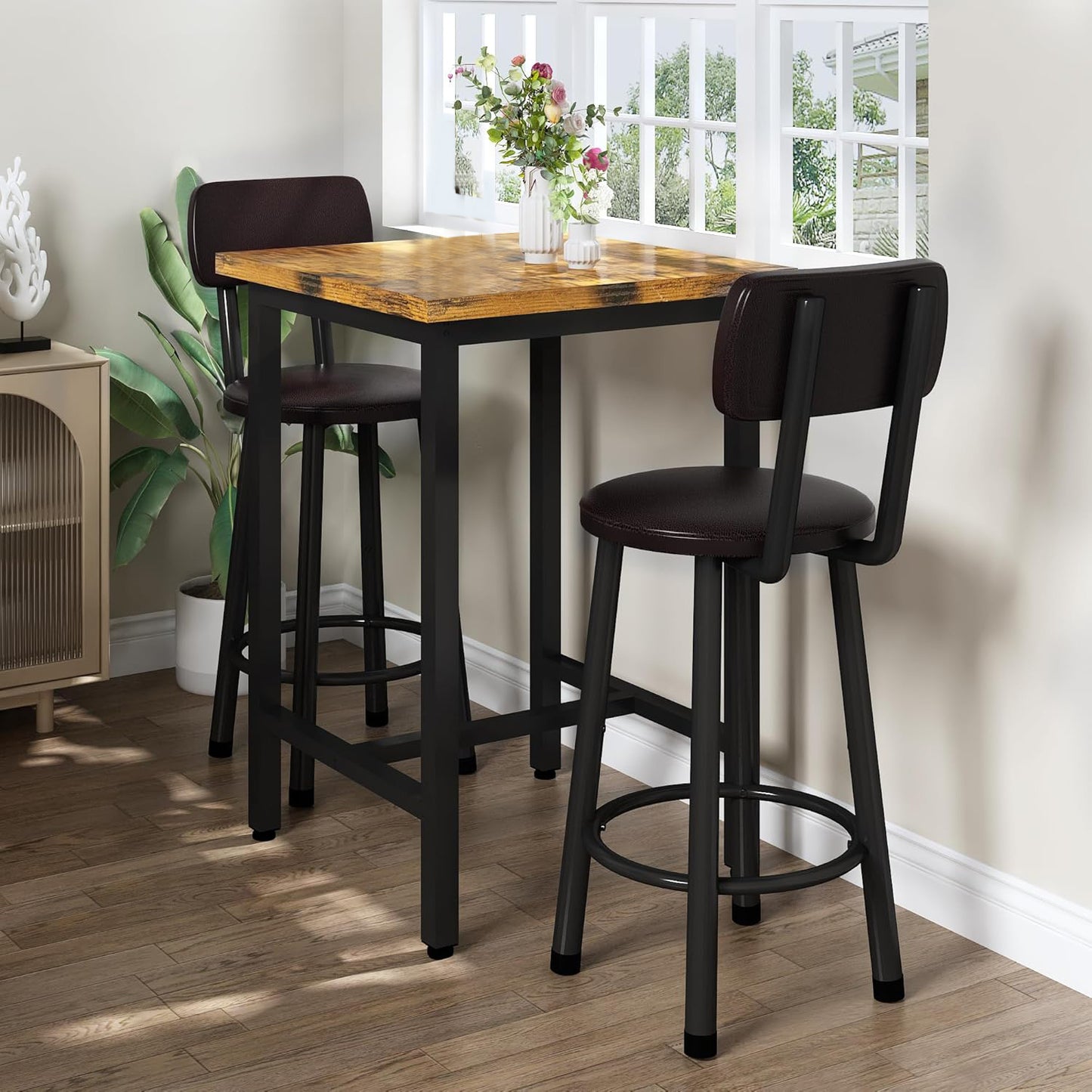 3-Piece Pub Dining Set for 2, Rustic Brown Counter Height Table with Wood Top and 2 Stools, Small Kitchen Table Set for Breakfast Nook, Apartment, Living Room or Bar