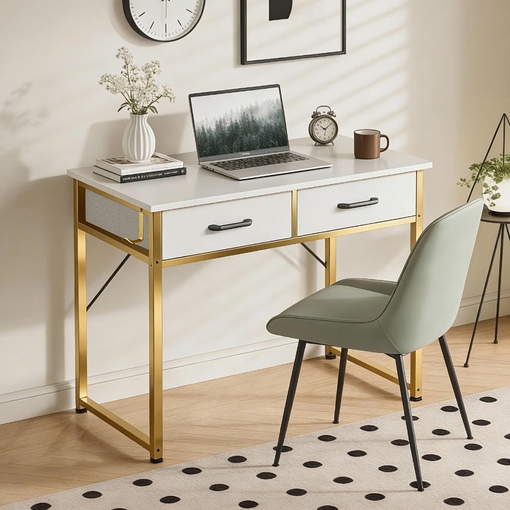 32" Small Computer Desk & Vanity Table with 2 Drawers & Headphone Hook – Compact Writing Desk for Home Office, Bedroom & Study, Modern Space-Saving Design, White or White-Gold