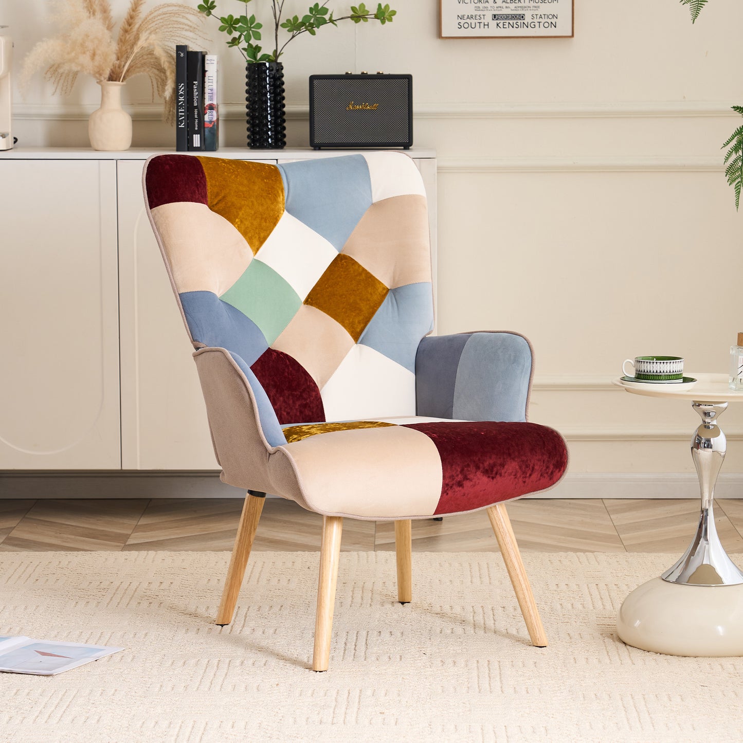Patchwork Accent Chair High Back Armchair with Memory Foam Cushion & Hardwood Legs – 330 lbs Capacity Linen Upholstered Reading Chair for Living Room Bedroom Home Office, 6 Colors