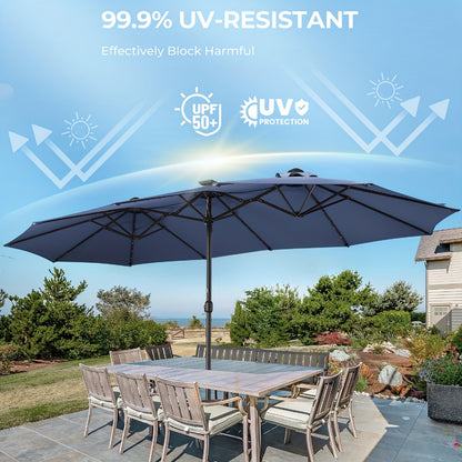 15 Ft Solar LED Patio Umbrella Double Sided with Base 48 LED Lights UPF50+ UV Protection 12-Rib Crank Handle for Lawn Garden Deck Pool 5 Colors