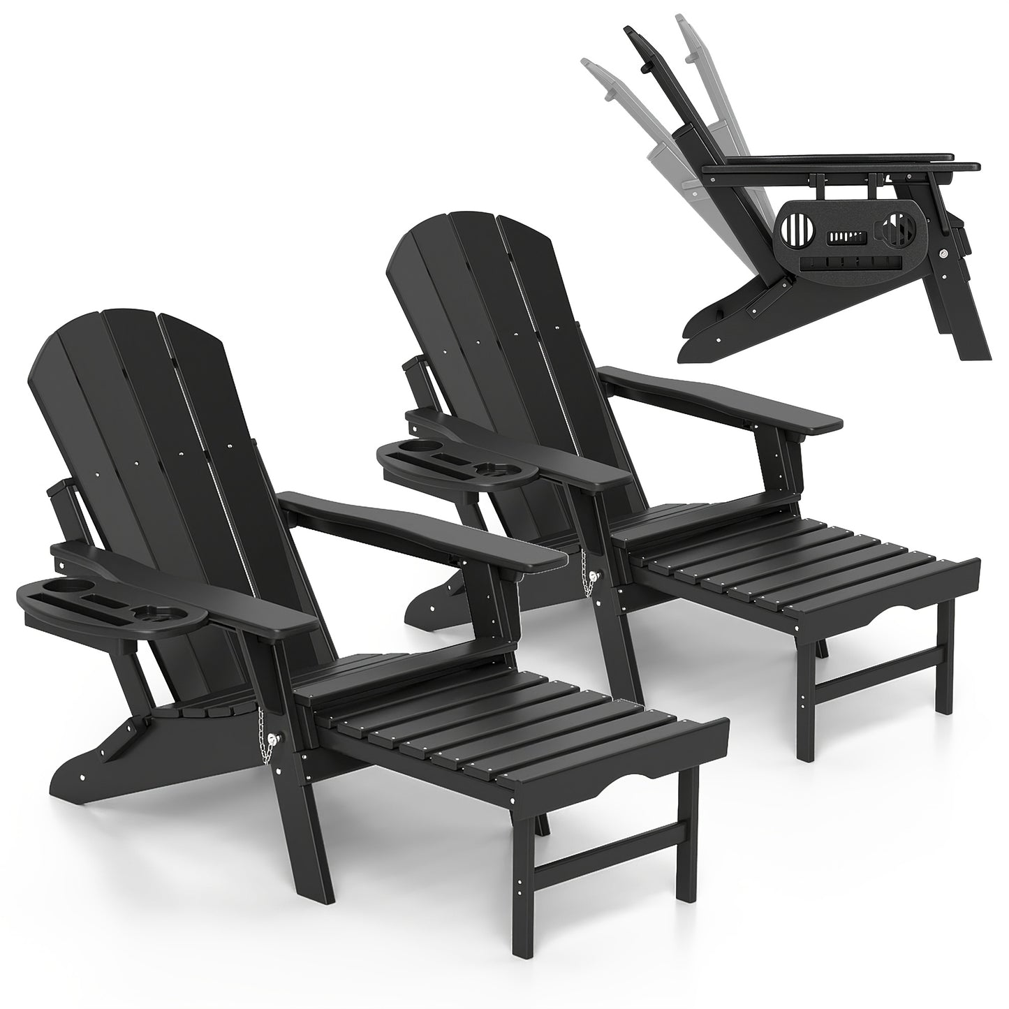 FOOWIN HDPE Adirondack Chair with Ottoman, Adjustable Backrest Adirondack Chair W/4in 1 Cup Holder Trays, All-Weather Resistant Adirondack Chairs for Outdoor, Patio, Lawn, Garden