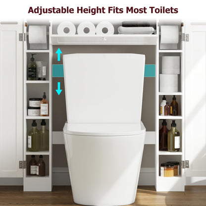 White Bathroom Storage Cabinet Designed to Fit Over The Toilet, Featuring a Paper Holder And Adjustable Shelves, Along with Two Side Doors And a Pull-Down Door