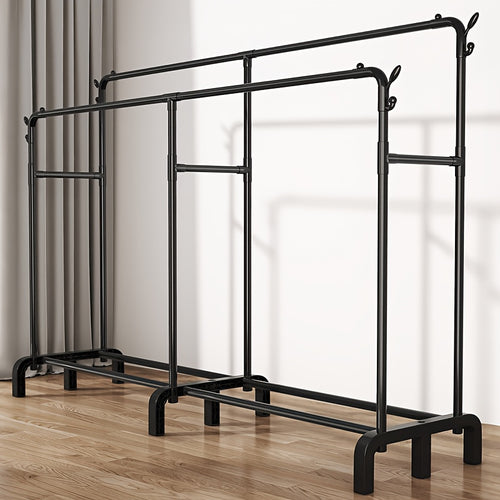 Upgraded Garment Rack with Double Metal Rods, Clothing Rack Heavy Duty Clothing Racks for Hanging Clothes, Steel-Plastic Dual-Rod Black Hanger, Freestanding Wardrobe Closet Rack, for Bedroom