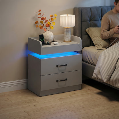 1pc/2pcs Nightstand, Decorative Nightstand with Charging Station, Night Stand with LED Lights, Modern LED End Table Nightstand for Bedroom, Night Stand with 2 Drawers, Bedside Table with Storage for Living Room, White/Black/Grey