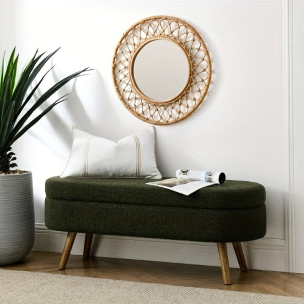 Oval Storage Bench with Linen Upholstery and Solid Wood Legs - Perfect for Hallway, Bedroom, or Living Room Organization