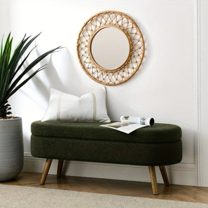 Oval Storage Bench with Linen Upholstery and Solid Wood Legs - Perfect for Hallway, Bedroom, or Living Room Organization