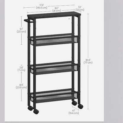 4-Tier Metal Kitchen Shelf With 360° Swivel Wheels,29.99"H x15.99"W x 4.99"D,Space-Saving, Ideal For Spices, Bottles, Snacks - Suitable For Kitchen, Living Room, Bedroom