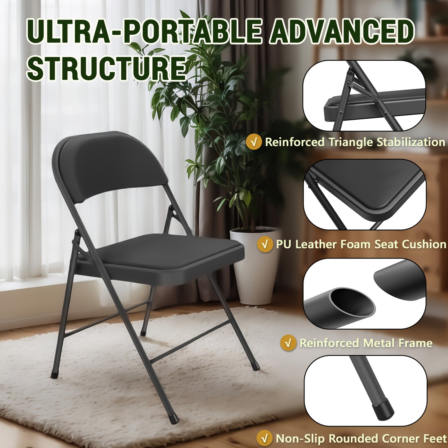 Set Of 4pcs Folding Chair No Need Assembly for Outdoor And Indoor Use with Classic Metal And PU Leather Foam Seat Cushion Folding Chair for Home, Office, Meeting Room, Patio Party Chair with Steel Frame Load Capacity Up to 300lbs