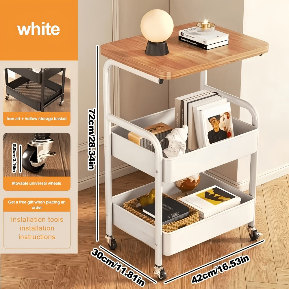 Metal Rolling Storage Cart with Solid Wood Tabletop & Wheels, Multi-Layer Steel Shelf Organizer for Kitchen Bedroom Bathroom Office Dorm, Snack & Supply Cart, Black White Blue
