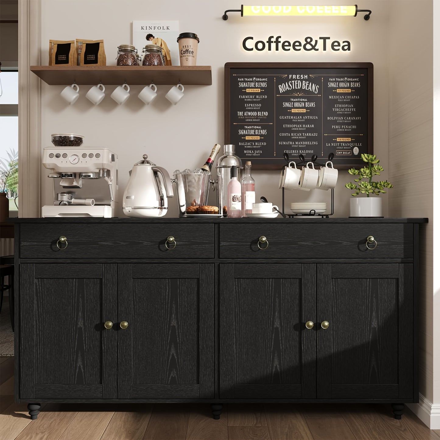 55" Buffet Cabinet, Coffee Bar with 4 Doors And 2 Drawers, Sideboard Cabinet with Adjustable Shelves, Coffee Bar Cabinet for Kitchen, Dining Room, Entryway, White/Black