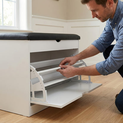 Shoe Cabinet Storage Stool with Hidden Compartment & Thickened Cushion – Compact Entryway Bench for Corridor, Living Room & Door, White & Wood