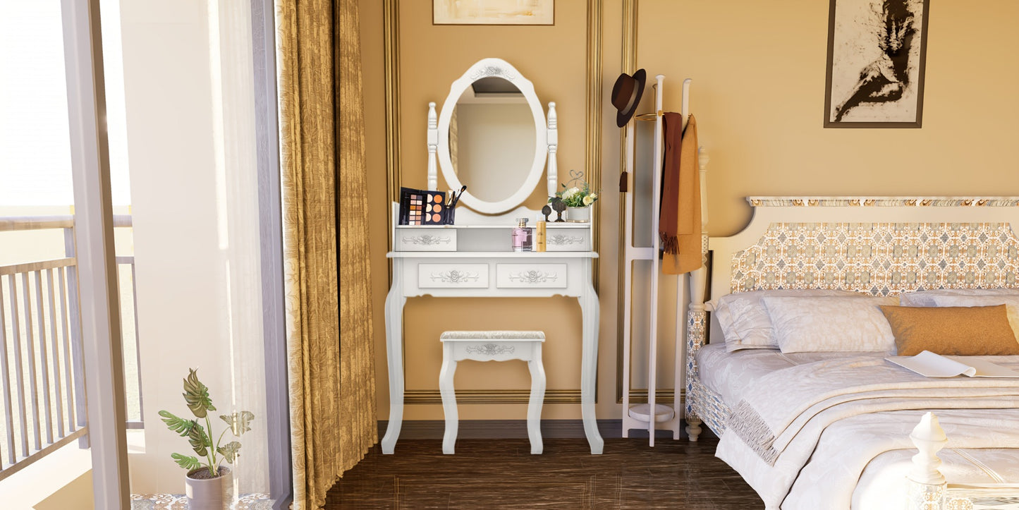Rotating Mirror Vanity Table with 4 Drawers & Detachable 360° Mirror – Modern Dressing Table with Stool, MDF & Solid Wood, White