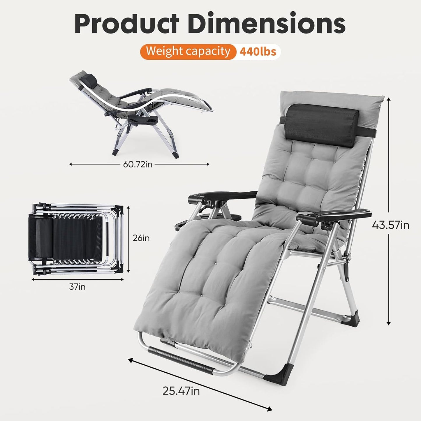 [Indoor/Outdoor Recliner] Zero Gravity Recliner, Foldable Headrests, Recliner With Cup Holder Tray And Detachable Cushion, Indoor/Outdoor Foldable Recliner, Black/Gray