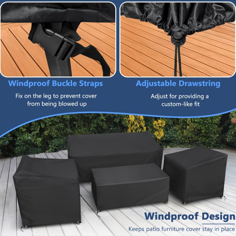 [Waterproof Windproof Covers] 4pcs Patio Furniture Covers Set, Waterproof Outdoor Furniture Cover, Heavy Duty Outdoor Coffee Table Cover, 1xSofa Cover, 2xChair Covers, 1xCoffee Table Cover With Windproof Buckle Strap And Adjustable Drawstring, Black