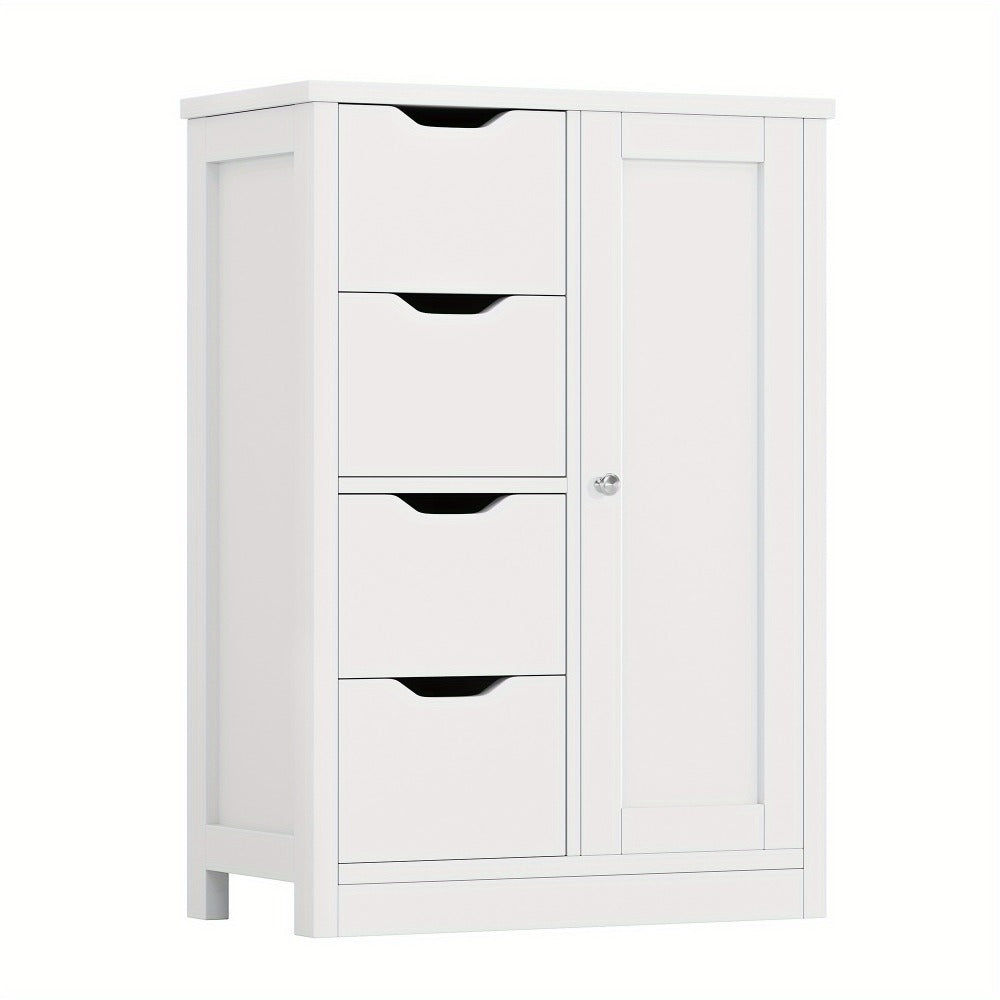 JAMFLY Wooden Bathroom Floor Cabinet, Side Storage Organizer Cabinet with 4 Drawers And 1 Cupboard, Freestanding Entryway Storage Unit Console Table, Home Decor Furniture