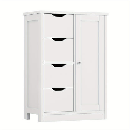 JAMFLY Wooden Bathroom Floor Cabinet, Side Storage Organizer Cabinet with 4 Drawers And 1 Cupboard, Freestanding Entryway Storage Unit Console Table, Home Decor Furniture