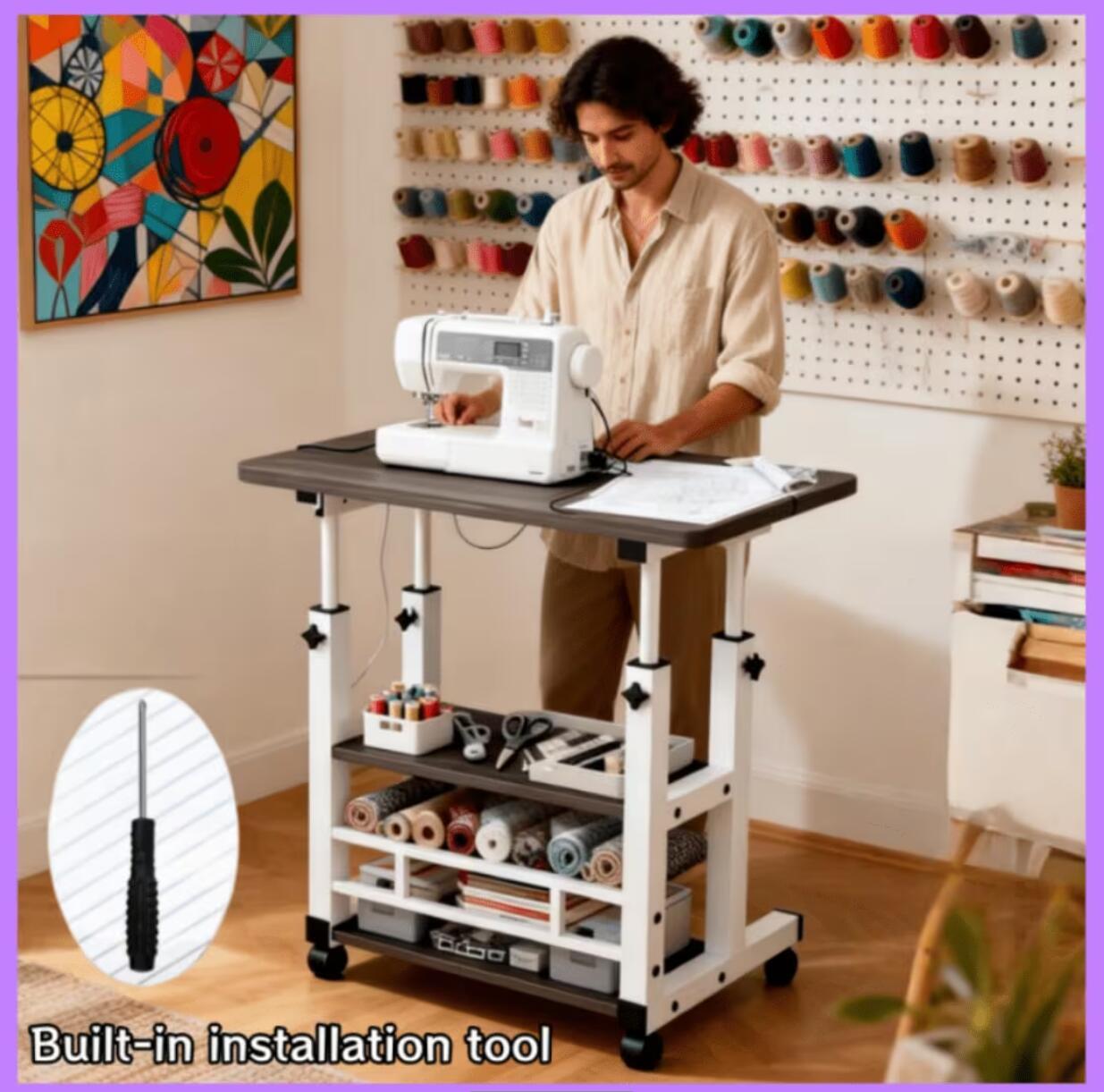 Adjustable Height Wheeled Mobile Table | Movable Multi-Purpose Side Table/Folding Table With Reinforced Frame And Lockable Wheels, Sewing Table With Lift Stand, Available In Black/White - Ideal For Bedrooms, Living Rooms, Studies, Small Spaces