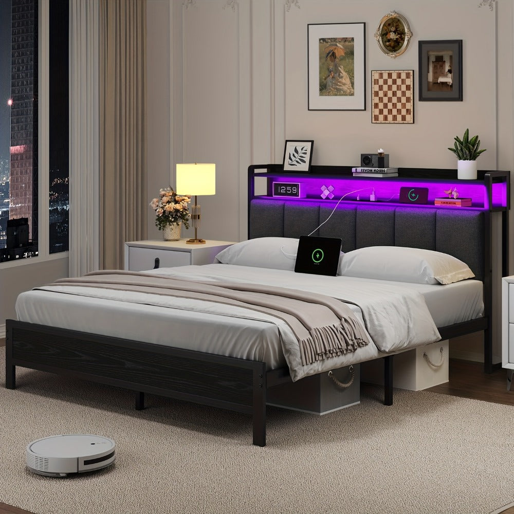Bed Frame with Storage Headboard LED Lights and Charging Station Twin Full Queen King Heavy Duty Metal Slatted Base No Box Spring White Grey Cream