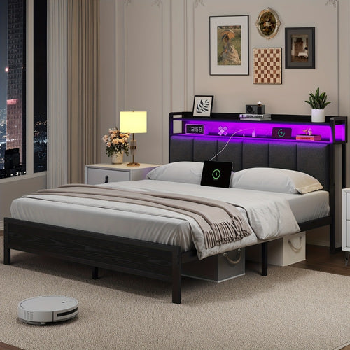 Bed Frame with Storage Headboard LED Lights and Charging Station Twin Full Queen King Heavy Duty Metal Slatted Base No Box Spring White Grey Cream