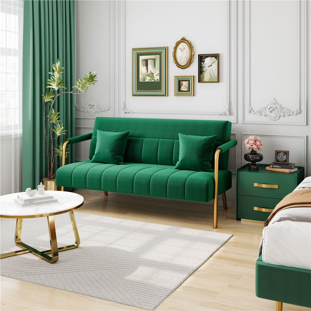 Costoffs Velvet Fabric Sofa Couch, 56.5″ W Modern Loveseat Couch with Gold-tone Metal Arms, Legs & 2 Pillows, Sofa for Living Room, Bedroom Furniture