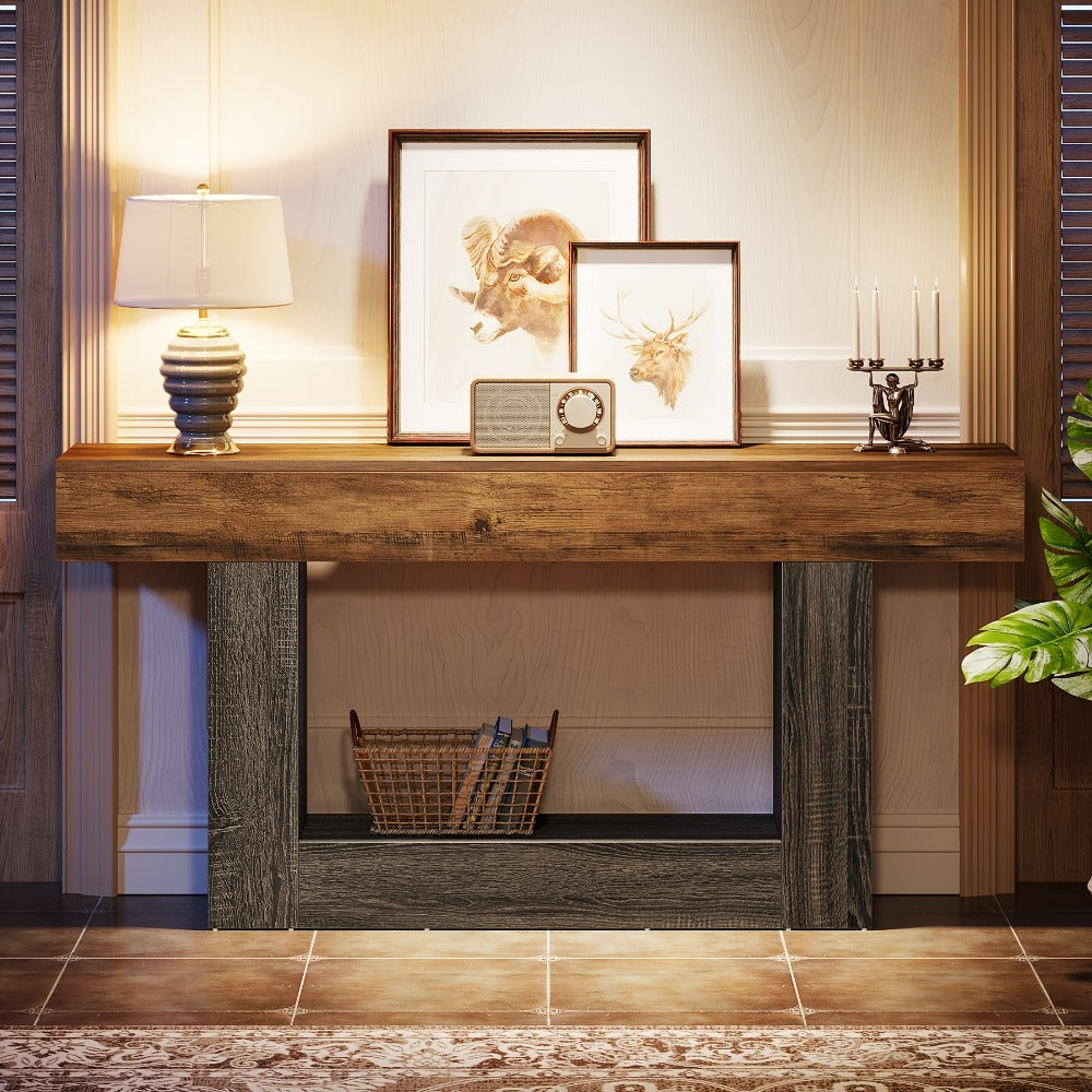 63 Inch Farmhouse Console Table with U-Shaped Base & 2-Tier Shelves, Rustic Brown & Grey Two-Tone Sofa Table for Living Room Hallway Foyer Entryway