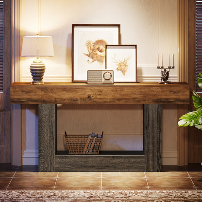 63 Inch Farmhouse Console Table with U-Shaped Base & 2-Tier Shelves, Rustic Brown & Grey Two-Tone Sofa Table for Living Room Hallway Foyer Entryway