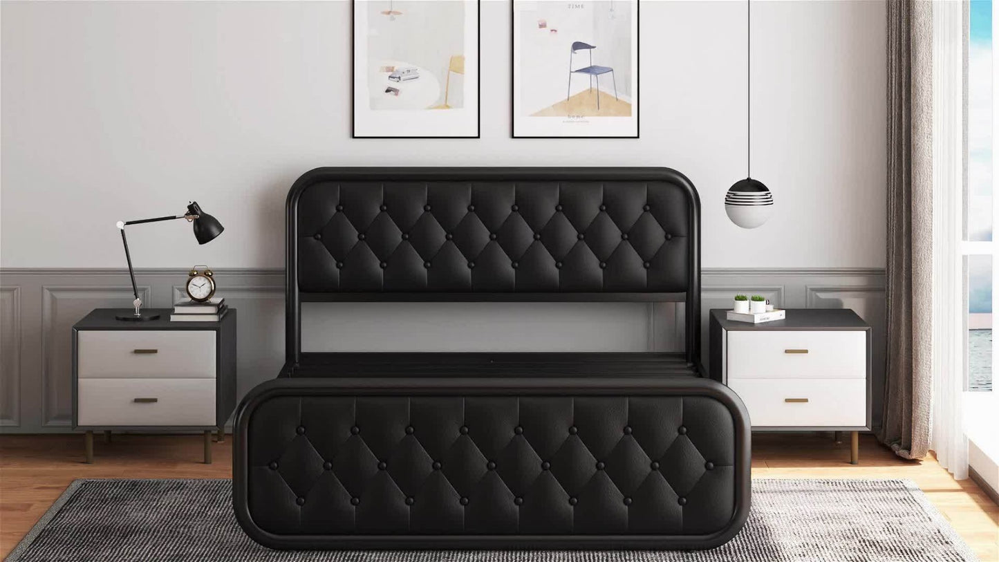 Metal Platform Bed Frame with Faux Leather Headboard Heavy Duty Steel Slats 12 Inch Under Bed Storage Space Easy Assembly Full Queen King Black