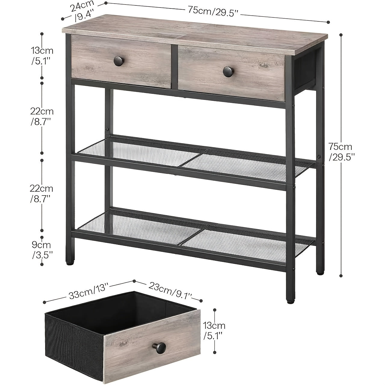 29.5-inch Narrow Console Table with 2 Fabric Drawers, Sofa Table, Entryway Desk with 3-Tier Storage Shelves for Living Room and Hallway in Rustic Brown & Black