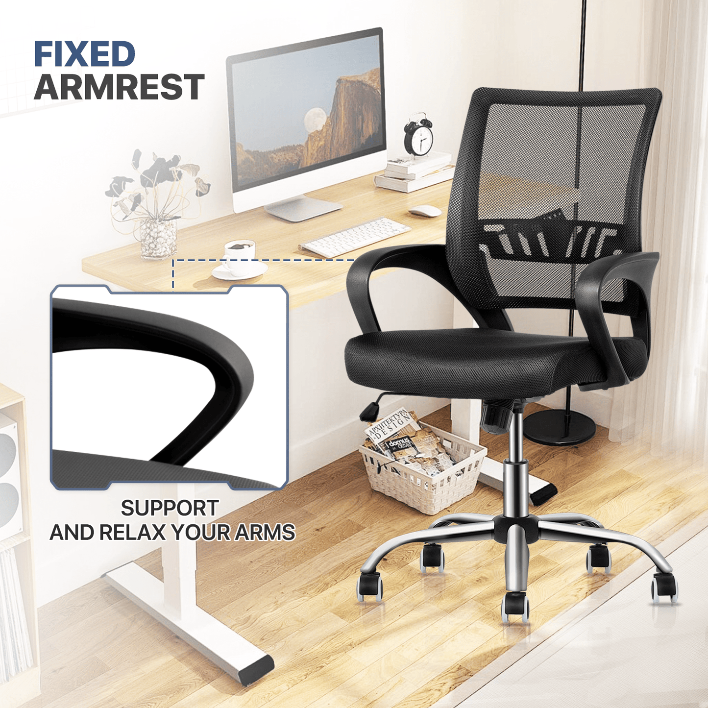 Mesh Office Home Chair, Mid Back Ergonomic Rolling Swivel Chair with Padded Seat and Armrest