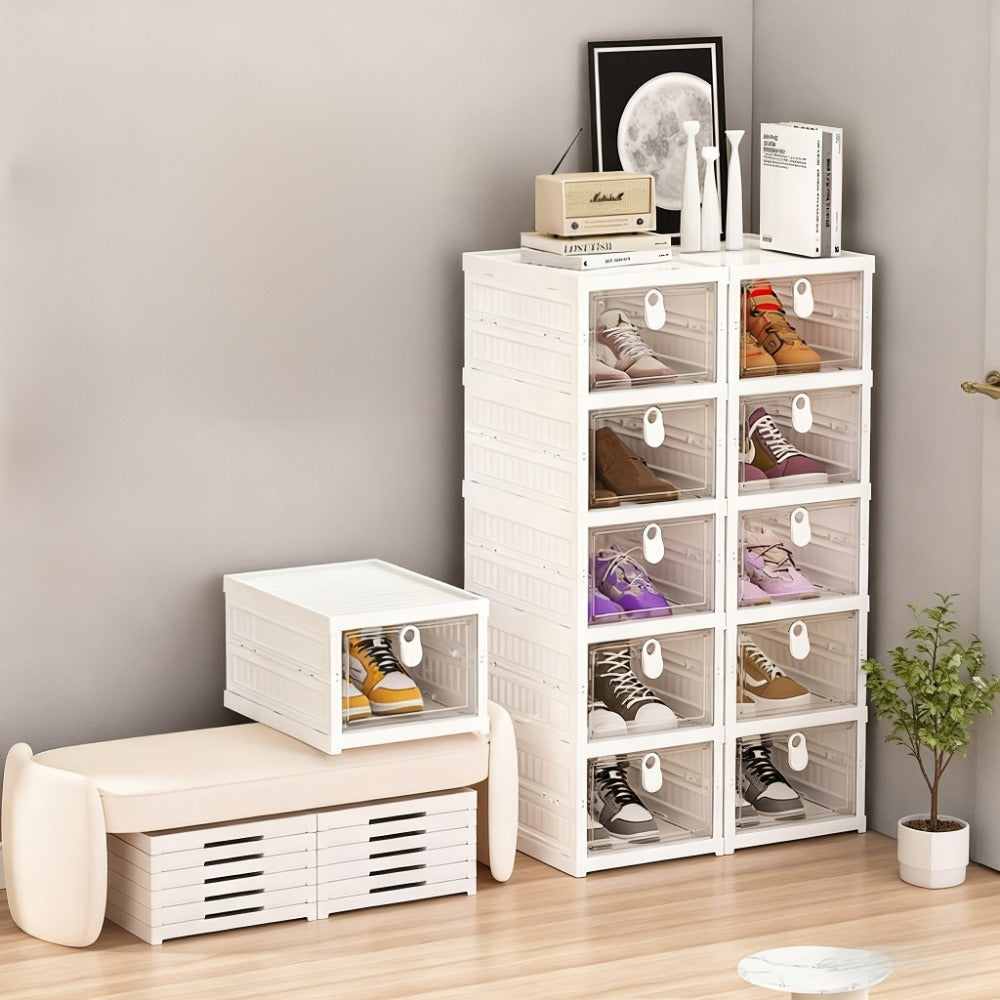 Foldable Shoe Organizer 5/6 Layer with Flip Transparent Door, Space-Saving Stackable Shoe Box Cabinet for Entryway Hallway Living Room Bedroom