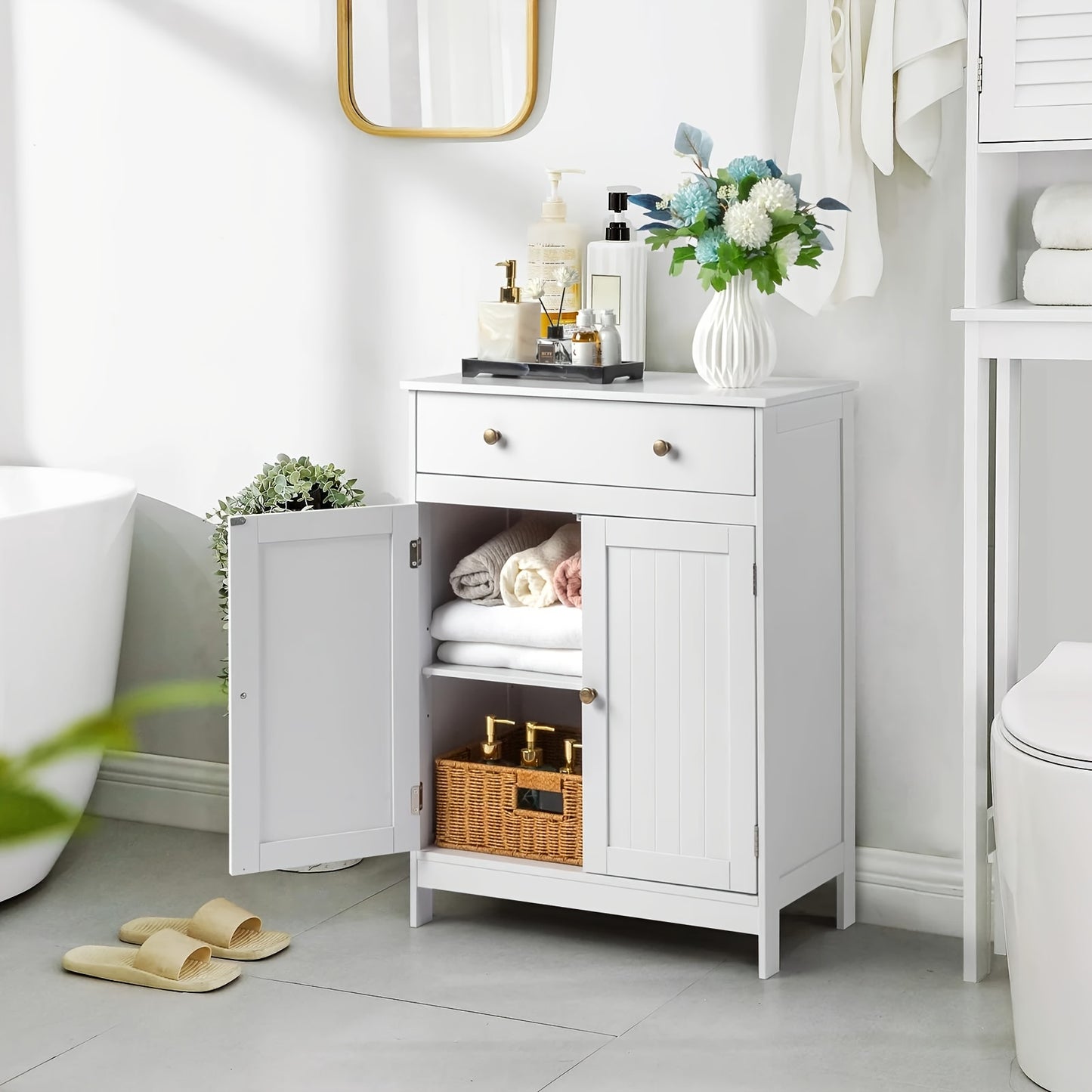 Bathroom Storage Cabinet with Double Shutter Doors Soft-Close Drawer Freestanding Bath Vanity 23.6x11.8x31.5 Inch Waterproof Moisture-Resistant Bathroom Furniture White