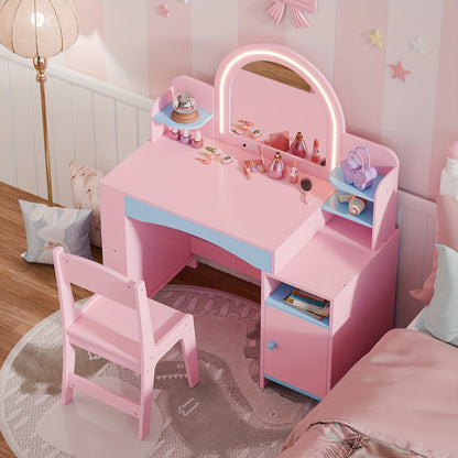 Girls' 2-in-1 Princess Vanity Set with Lighted Mirror (Cool/Warm) - Makeup Desk & Chair with Storage Cabinet, Bookshelf & Shelves, MDF Beauty Table for Toddler Girls Room, Easy Assembly Required - Ideal Kids Furniture Gift for Birth