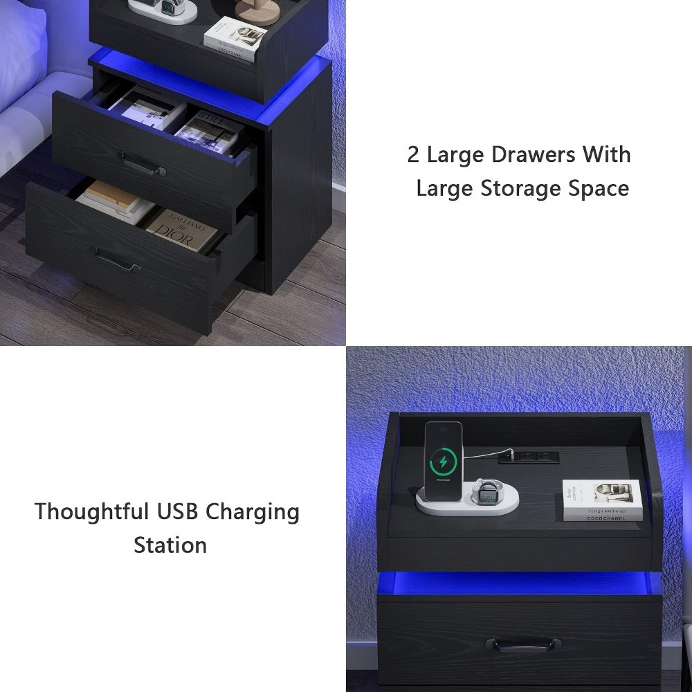 Smart LED Nightstand with Charging Station – Narrow Bedside Table 2 Drawers, Entryway Side Table, Black White, 1pc or 2pcs Set for Bedroom Living Room