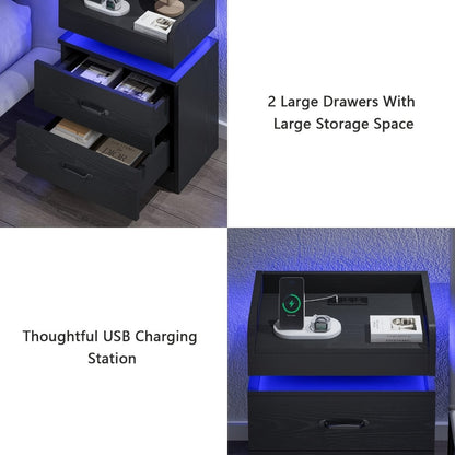 Smart LED Nightstand with Charging Station – Narrow Bedside Table 2 Drawers, Entryway Side Table, Black White, 1pc or 2pcs Set for Bedroom Living Room