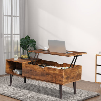Lift Top Coffee Table with Storage Compartment & 2 Cubbies | Adjustable Height, Brown Wood, Metal Frame, Contemporary Style, Easy Assembly | OLIXIS