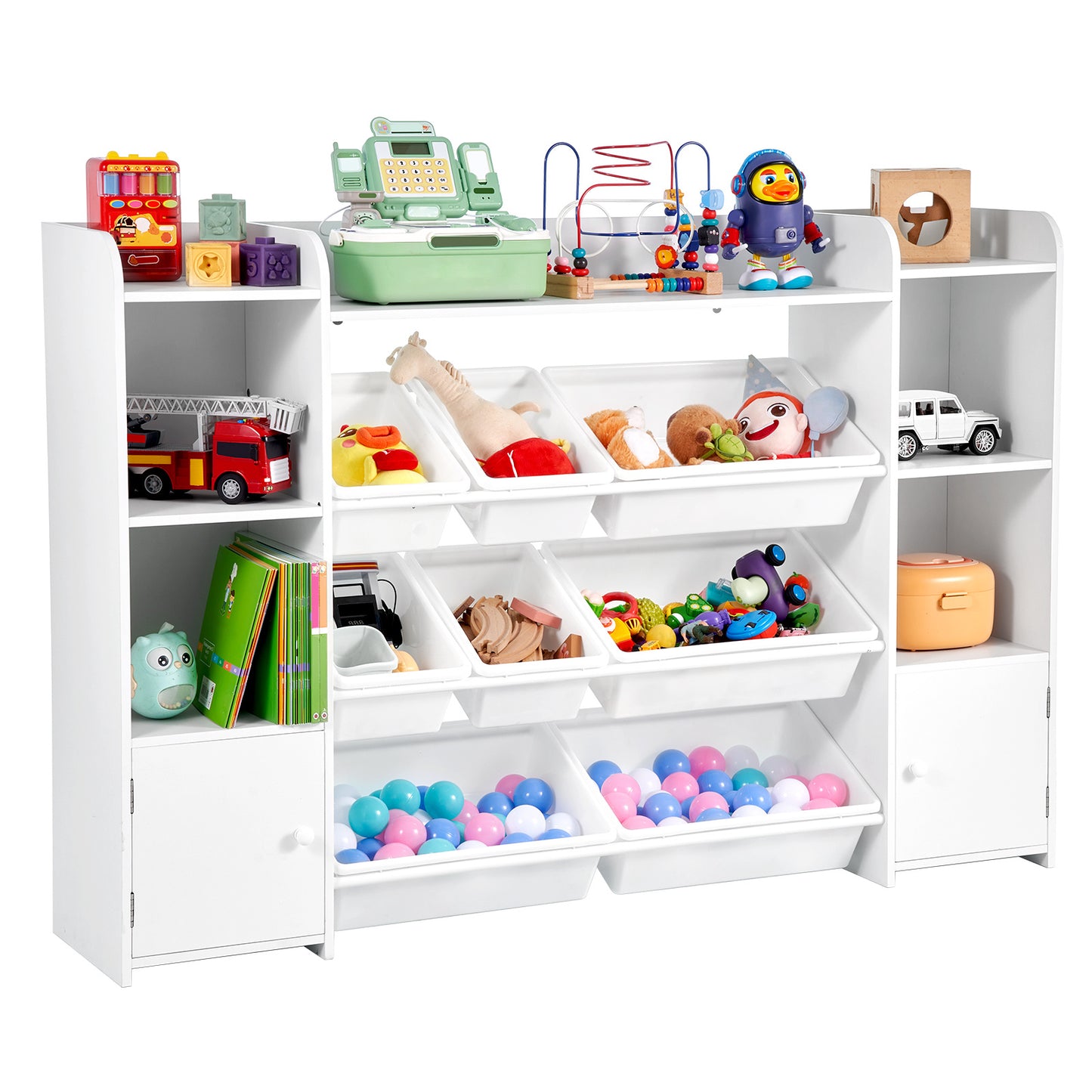 VEVOR 4-Tier Kids Toy Storage and Bookshelf with 8 Flexible Plastic Bins White 44-48inch/54-58inch