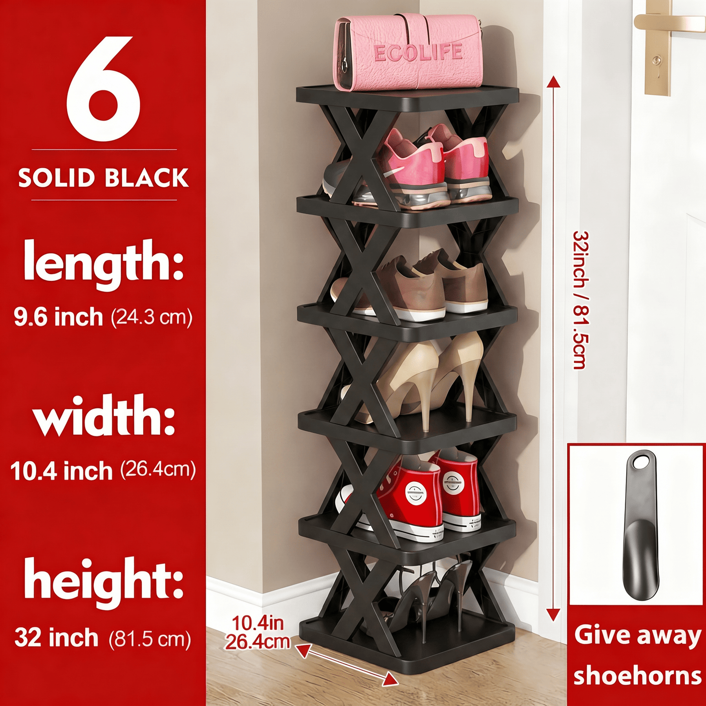6/9 Tier Narrow Shoe Rack Give Away Shoehorns, Small Vertical Shoe Stand, Space Saving DIY Free Standing Shoes Storage Organizer for Entryway, Closet, Hallway, Easy Assembly and Stable in Structure, White and Green / Black / Blue