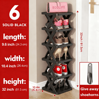 6/9 Tier Narrow Shoe Rack Give Away Shoehorns, Small Vertical Shoe Stand, Space Saving DIY Free Standing Shoes Storage Organizer for Entryway, Closet, Hallway, Easy Assembly and Stable in Structure, White and Green / Black / Blue