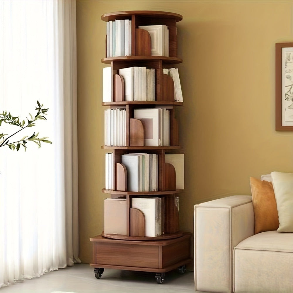 360 Rotating Bookshelf 6 Tier Corner Bookcase with Wheels Narrow Wood Storage Rack for Small Space Bedroom Living Room Study Walnut Brown
