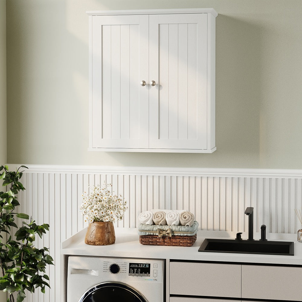 Wall Mounted Bathroom Cabinet with Shelf Linen Tower White, Kitchen Garage Laundry Room Wall Storage Cabinet with Adjustable Shelves