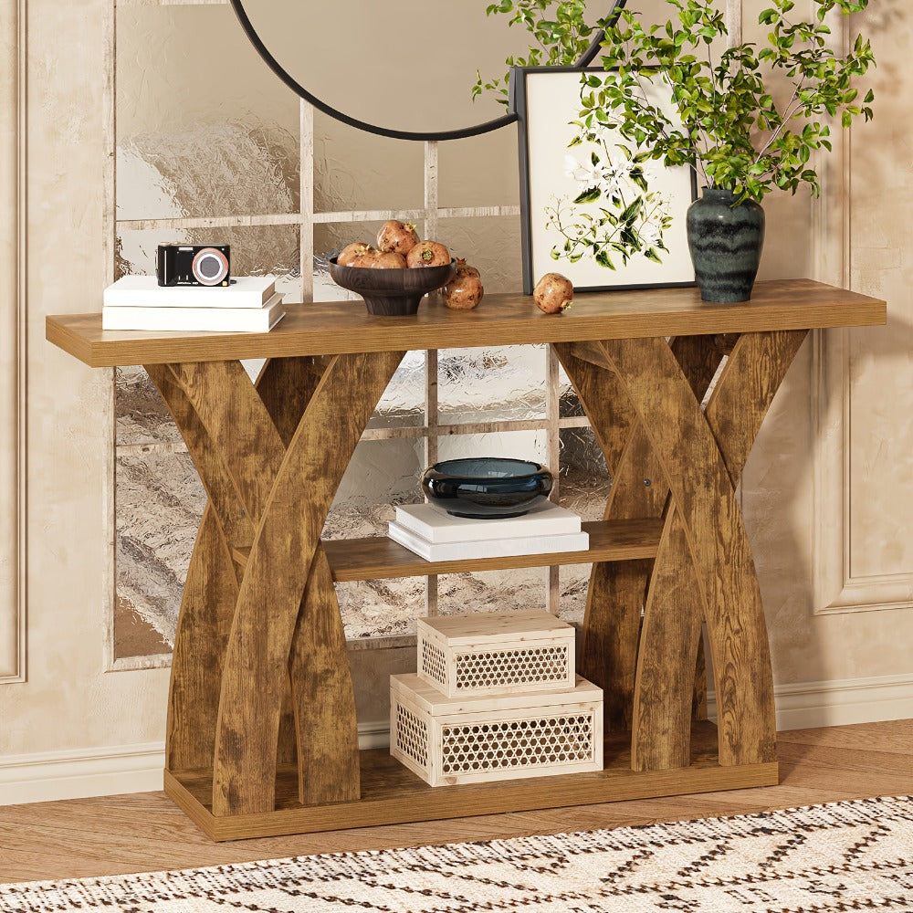 55 Inch Rustic Console Table X-Shaped Legs 2-Tier Shelf – Wooden Sofa Table for Living Room Entryway Hallway & Behind Couch, Light Brown & Tiger Brown