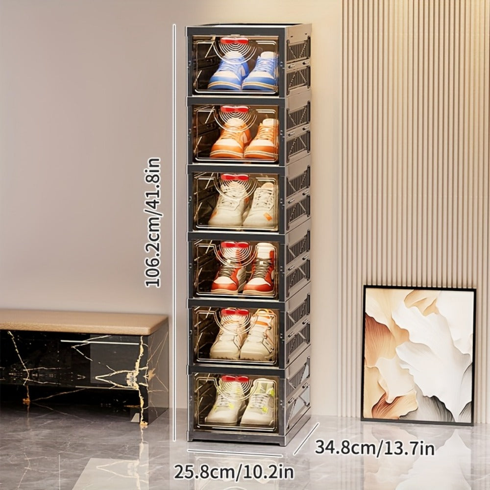 Black Shoe Storage Cabinet 5/6 Tier Foldable Modular with Flip-Top Lid & Clear See-Through Window, Stackable Shoe Organizer for Entryway Closet Bedroom