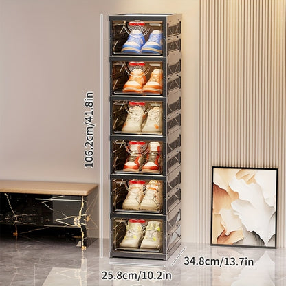 Black Shoe Storage Cabinet 5/6 Tier Foldable Modular with Flip-Top Lid & Clear See-Through Window, Stackable Shoe Organizer for Entryway Closet Bedroom