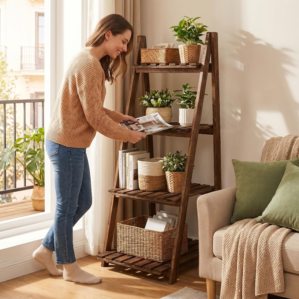 4-Tier Ladder Shelf, Wooden Plant Shelves, Ladder Bookshelf, Rustic Flower Display Rack, Wooden Display Shelves Plant Stand, Indoor Ladder Shelf For Living Room, Office, Bedroom