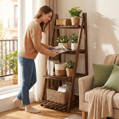 4-Tier Ladder Shelf, Wooden Plant Shelves, Ladder Bookshelf, Rustic Flower Display Rack, Wooden Display Shelves Plant Stand, Indoor Ladder Shelf For Living Room, Office, Bedroom